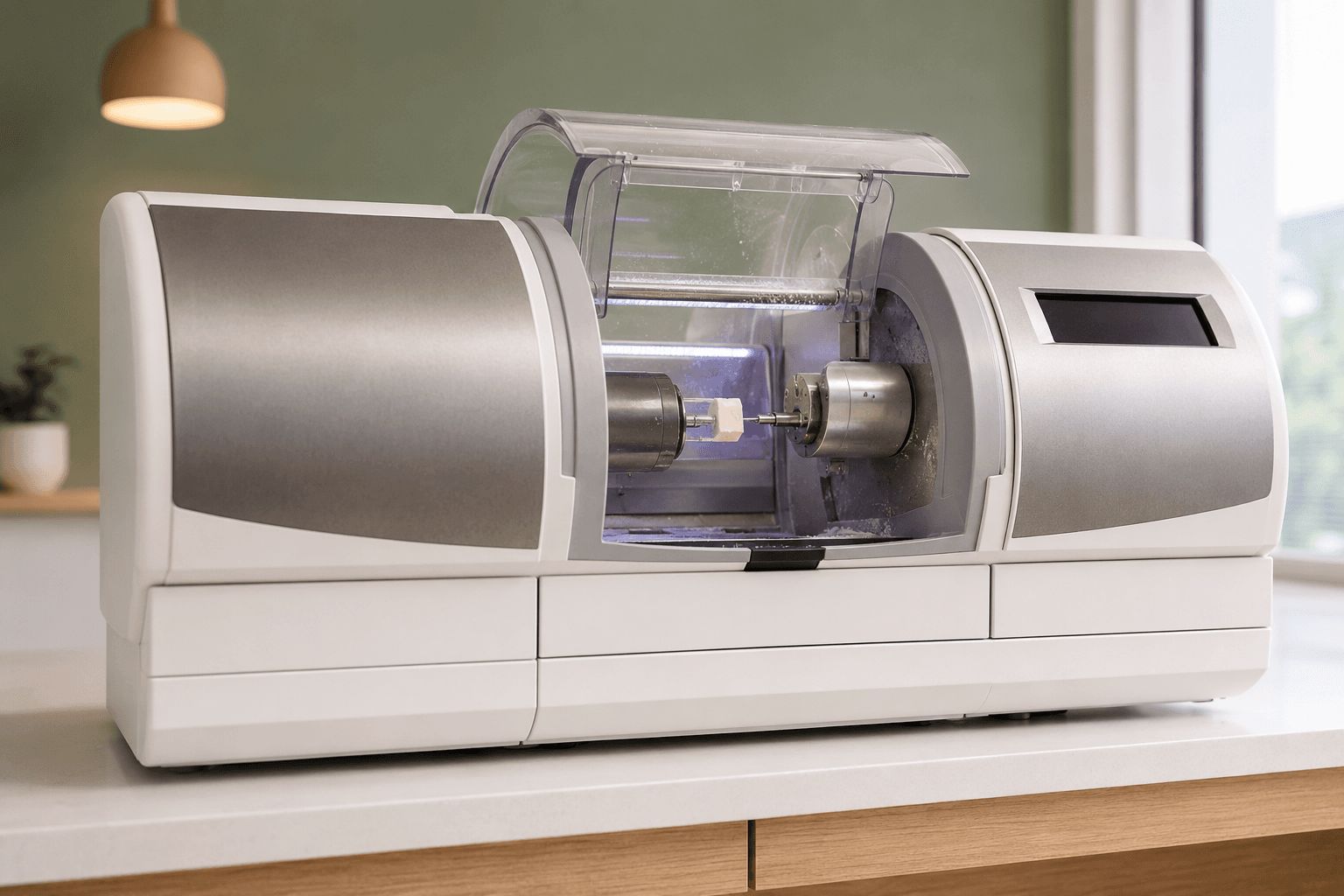 Dentsply CEREC milling unit shaping a ceramic crown in a Henderson Smile Dental treatment room