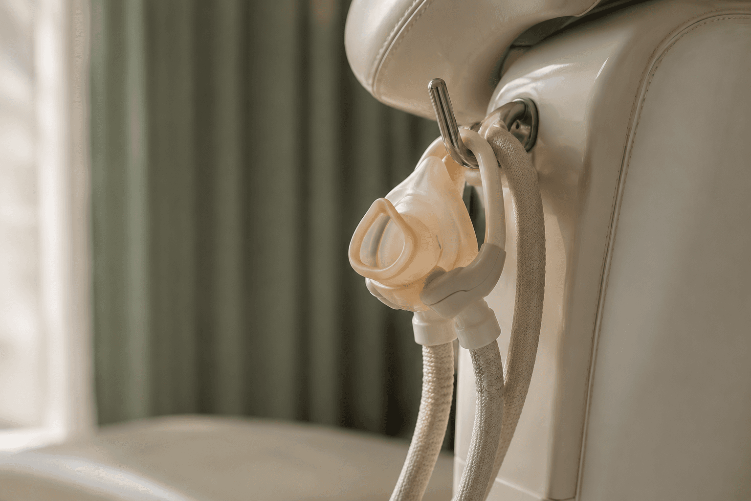 Nitrous-oxide nasal mask hanging on a stainless-steel hook beside a cream dental chair