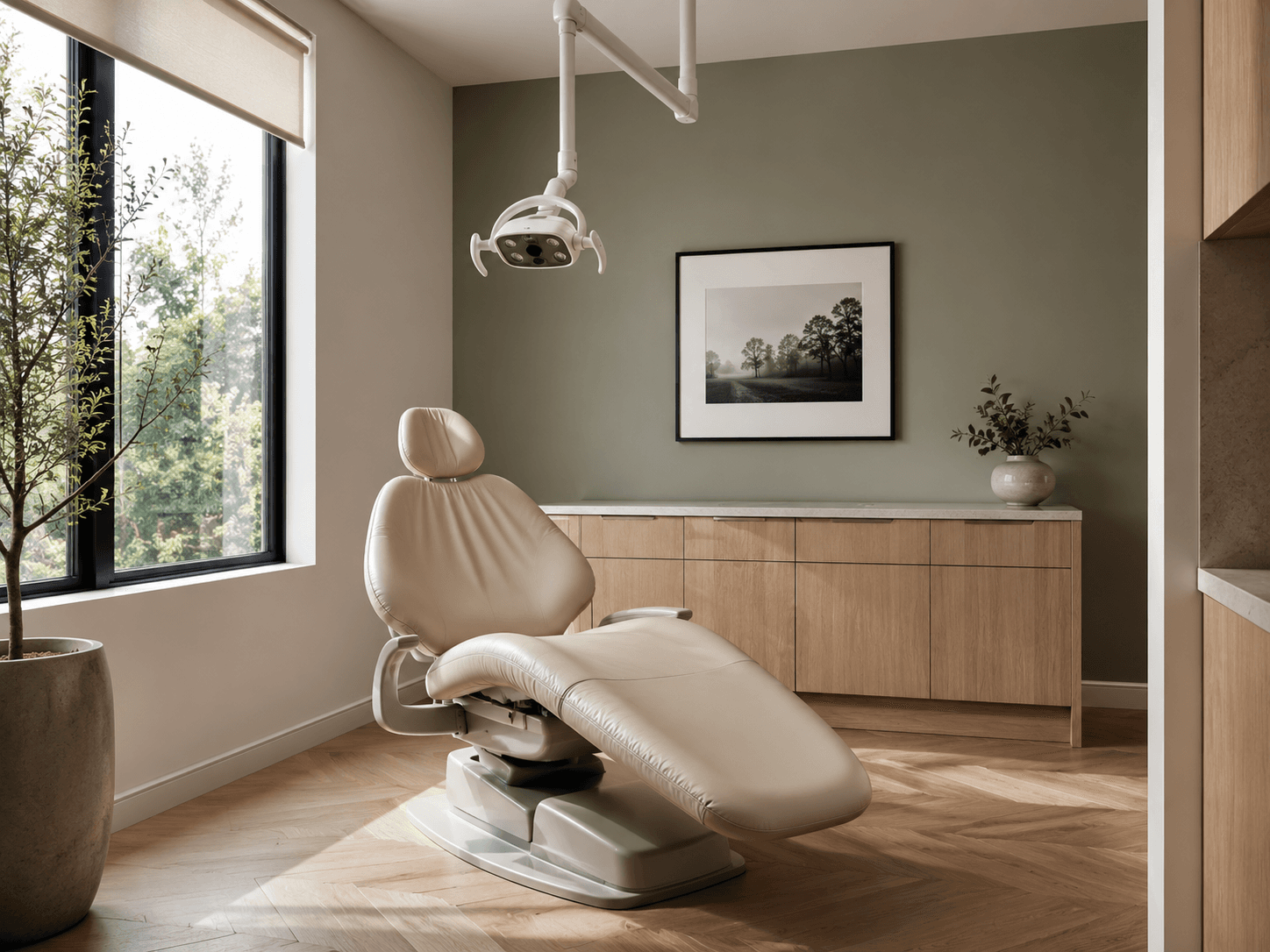Modern dental treatment room with cream chair, sage walls, and soft window light
