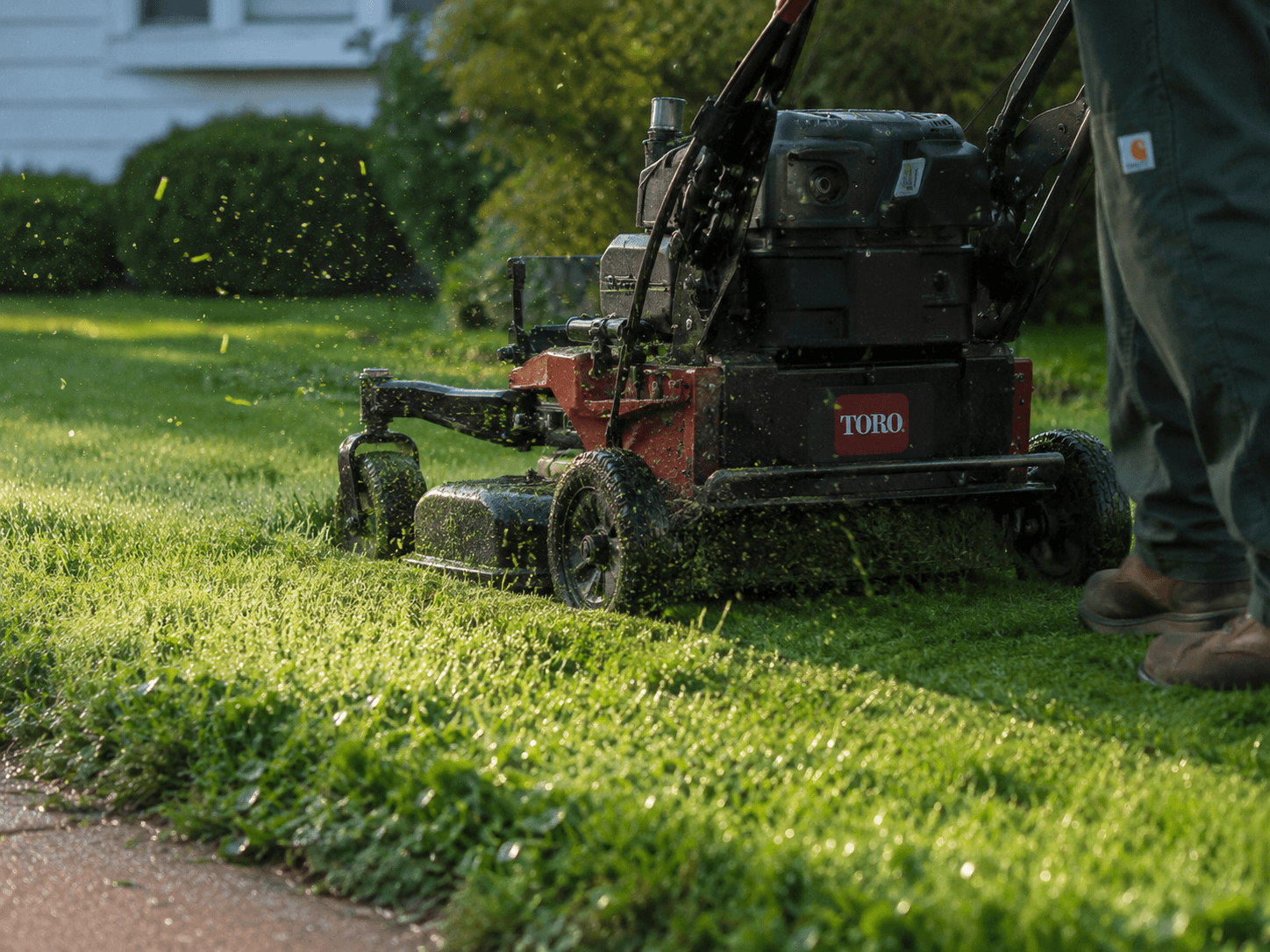 Toro commercial mower cutting a Wisconsin lawn