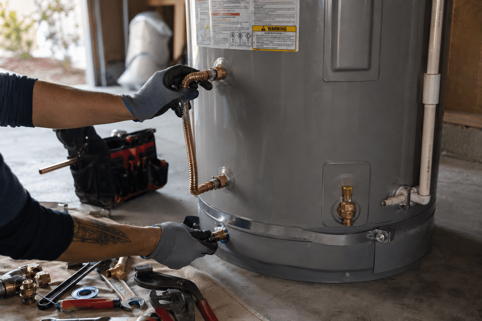 Rivera Plumbing technician installing a 40-gallon residential water heater